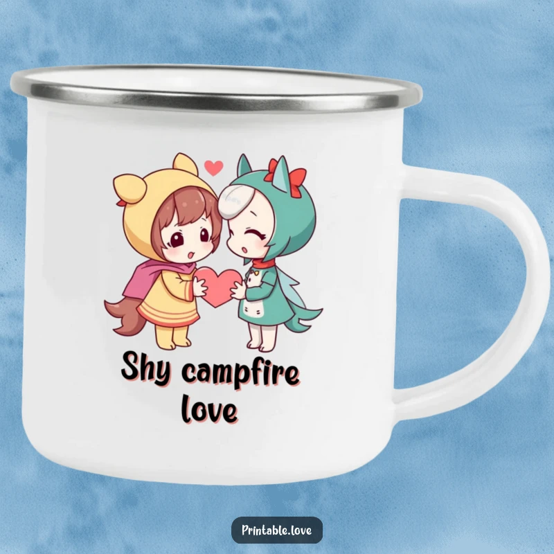 Funny shy character camping mug, a playful figure offering a heart, perfect for outdoor fun.