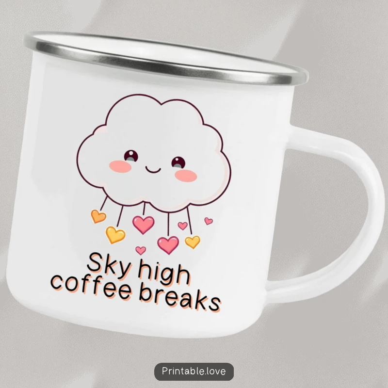 Funny Cloud Camping Mug: A smiling cloud character showers sparkling hearts, bringing a touch of cheerful love to outdoor drinks.