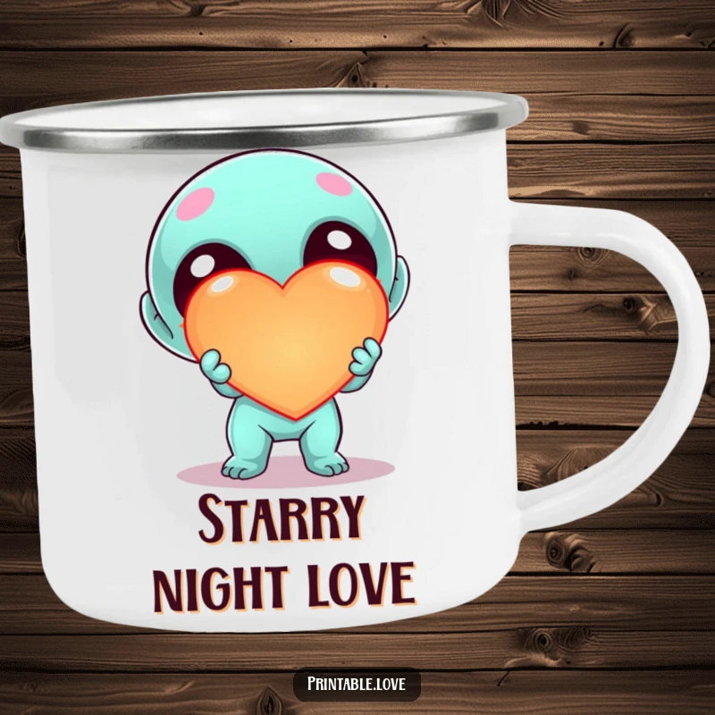 Funny Kawaii Alien Heart Camping Mug, cartoon alien offering a large, glowing heart, perfect for outdoor use with sci-fi charm.