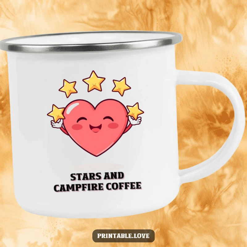 Funny camping mug depicting a heart character with a silly grin, skillfully juggling three twinkling stars, ready for outdoor fun with a playful spirit.
