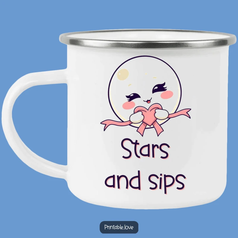 Funny Kawaii Moon Camping Mug - Winking Character Enamel Cup, Hilarious Outdoor Gift