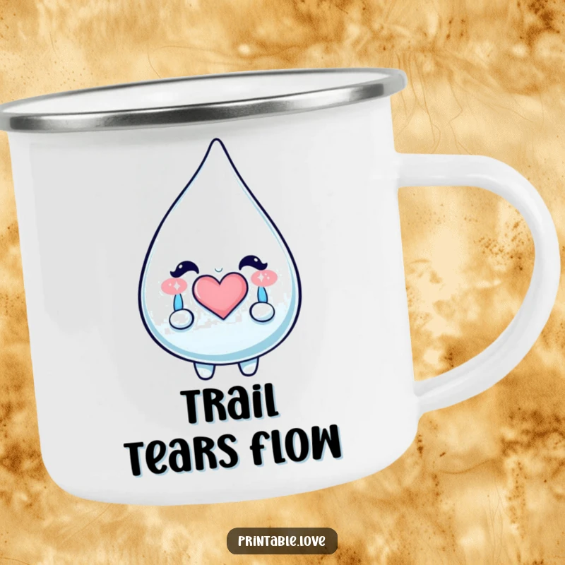 Funny Kawaii Teardrop Camping Mug: Durable enamel cup with a teardrop character crying happy, sparkly tears forming a heart, perfect for outdoor beverages.