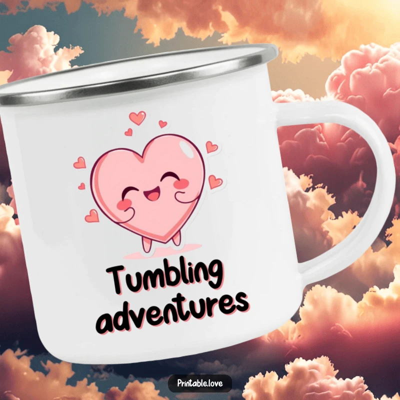 Funny heart character joyfully tumbling head over heels on a sturdy camping mug for outdoor fun.