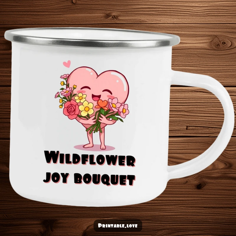 Funny Heart Camping Mug featuring a giggling heart character holding a bouquet of flowers, perfect for outdoor enjoyment and spreading love.