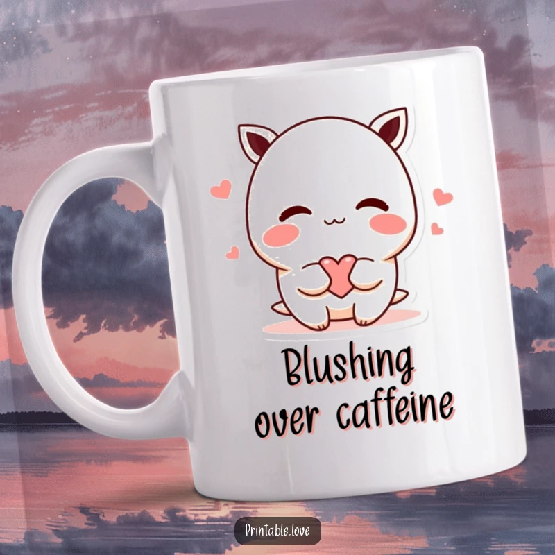 Funny shy kawaii character mug, blushing and offering a heart, cute and affectionate design, perfect for expressing love and warmth.