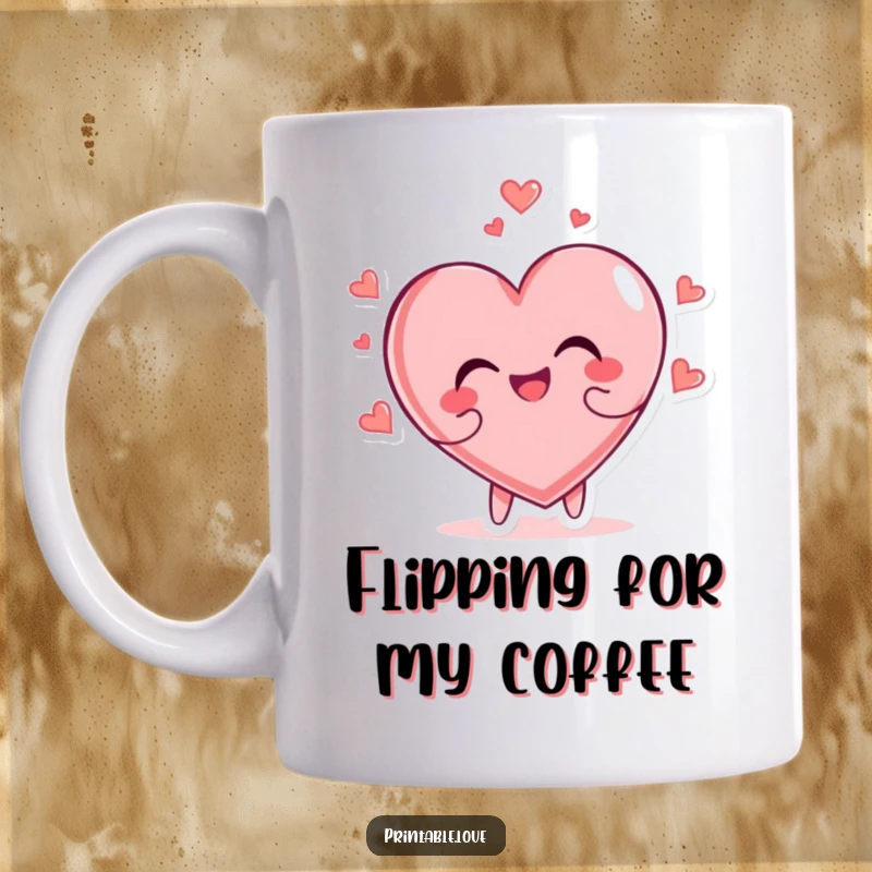 Funny heart character joyfully tumbling head over heels, depicted on a mug for an energetic vibe.