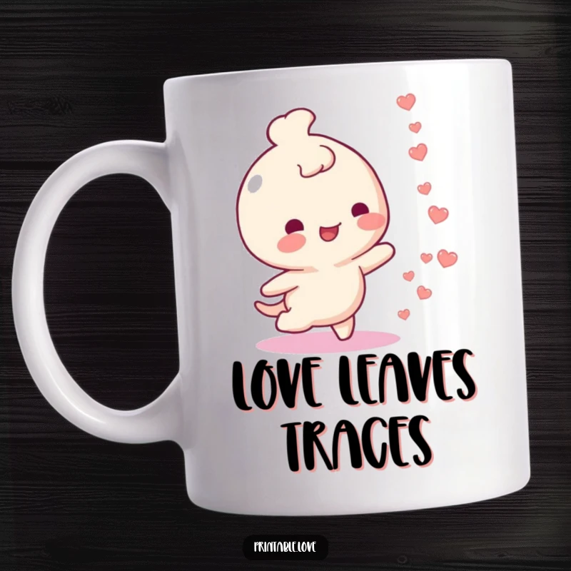 Funny mug featuring a cheerful character walking, leaving a delightful trail of small floating red hearts behind.