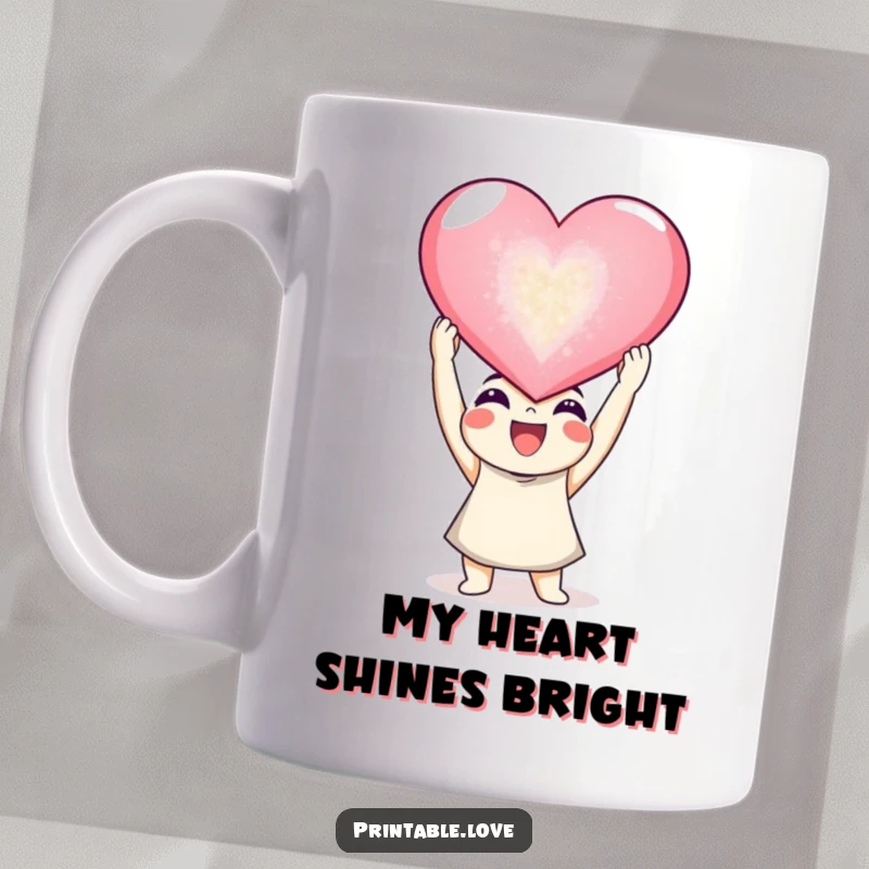 Funny joyful character holding a giant, sparkling heart high in the air, symbolizing great love.