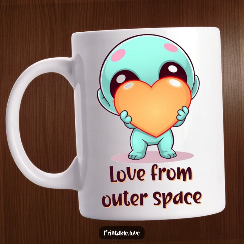 Funny Kawaii Alien Mug, cartoon character enthusiastically offering a large, glowing heart, with a friendly smile, conveying interstellar affection.