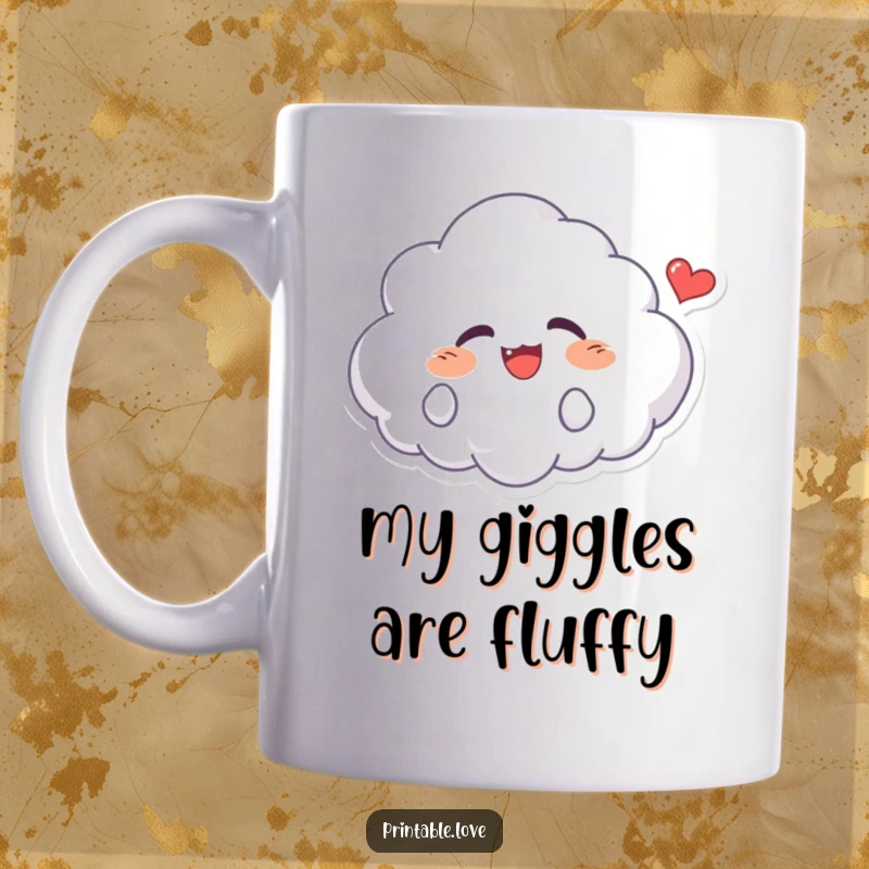 Funny Kawaii Cloud Mug: Adorable character giggling with uncontrollable joy, a sparkling heart floats nearby, perfect for coffee lovers.