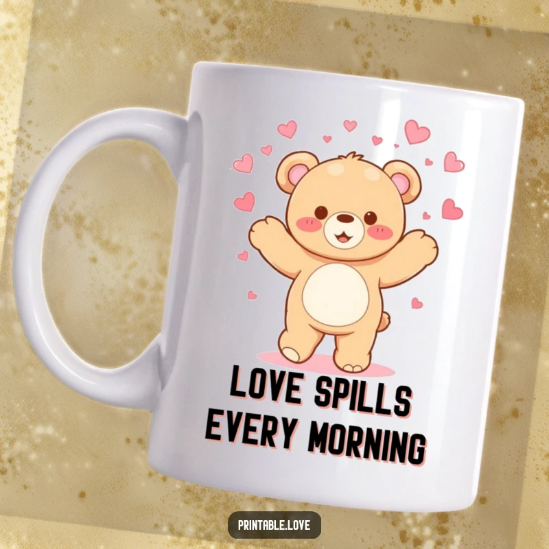Funny Kawaii Teddy Bear Mug: A joyful bear dances, showering hearts, radiating pure happiness and funny charm.