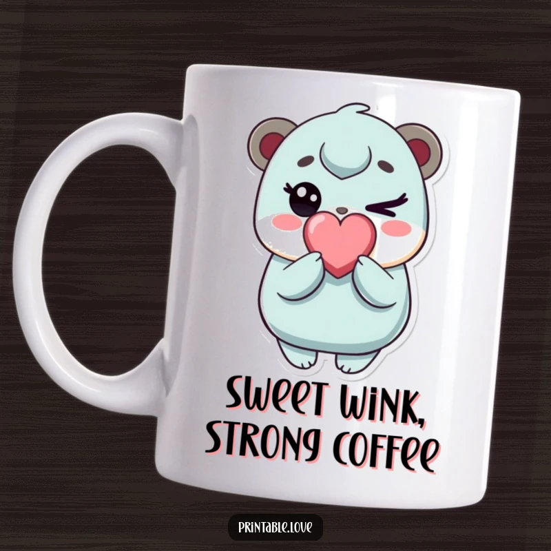 Funny kawaii character mug, playfully winking with a heart candy, spreading joy with a sweet gesture, perfect gift for lovers of cute art.