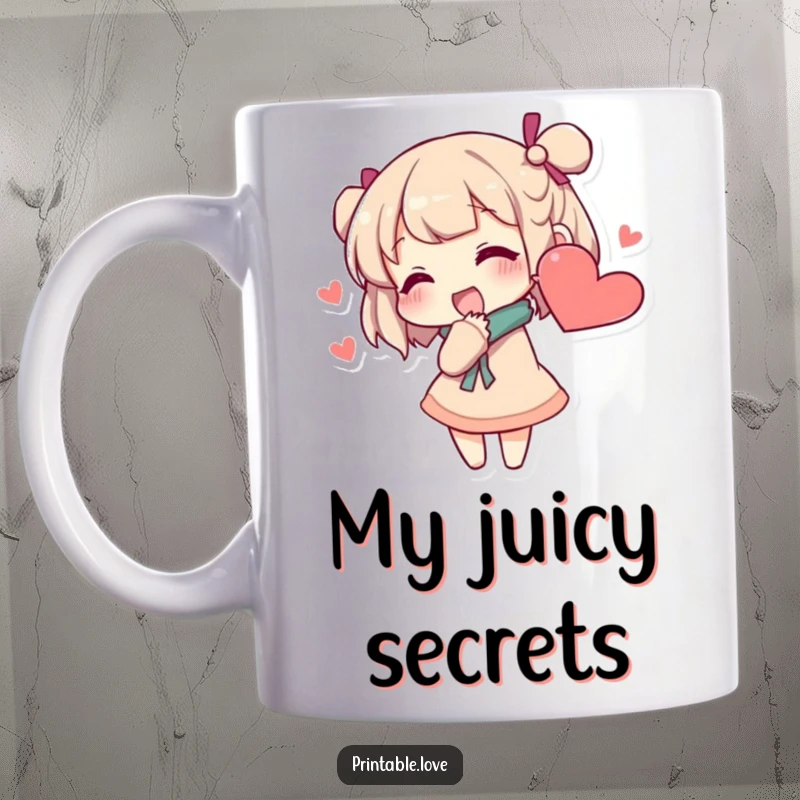 Funny character mug excitedly whispering secrets into a charming heart-shaped ear, symbolizing trust and shared confidences.