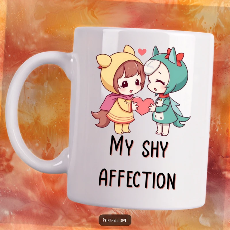 Funny playful character shyly offering a small heart to another character, a sweet and heartwarming scene.