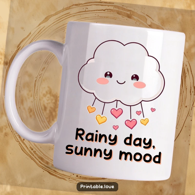 Funny Smiling Cloud Mug: A happy cloud character showers sparkling hearts downwards, radiating love and gentle joy.