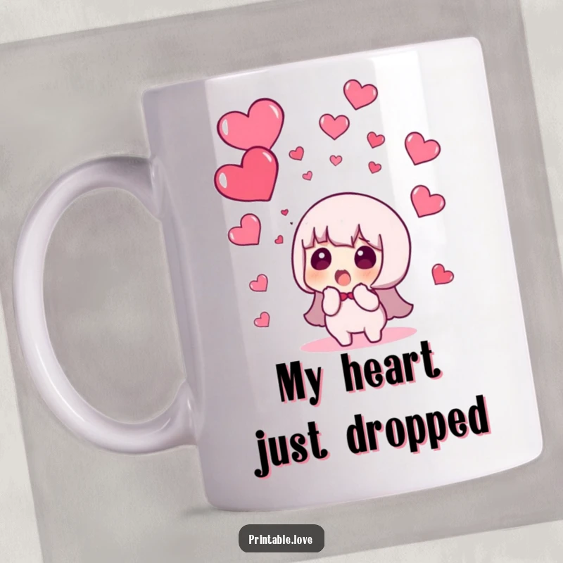 Funny mug featuring a character with wide eyes and an open mouth, surprised by a rain of red hearts from a clear sky.