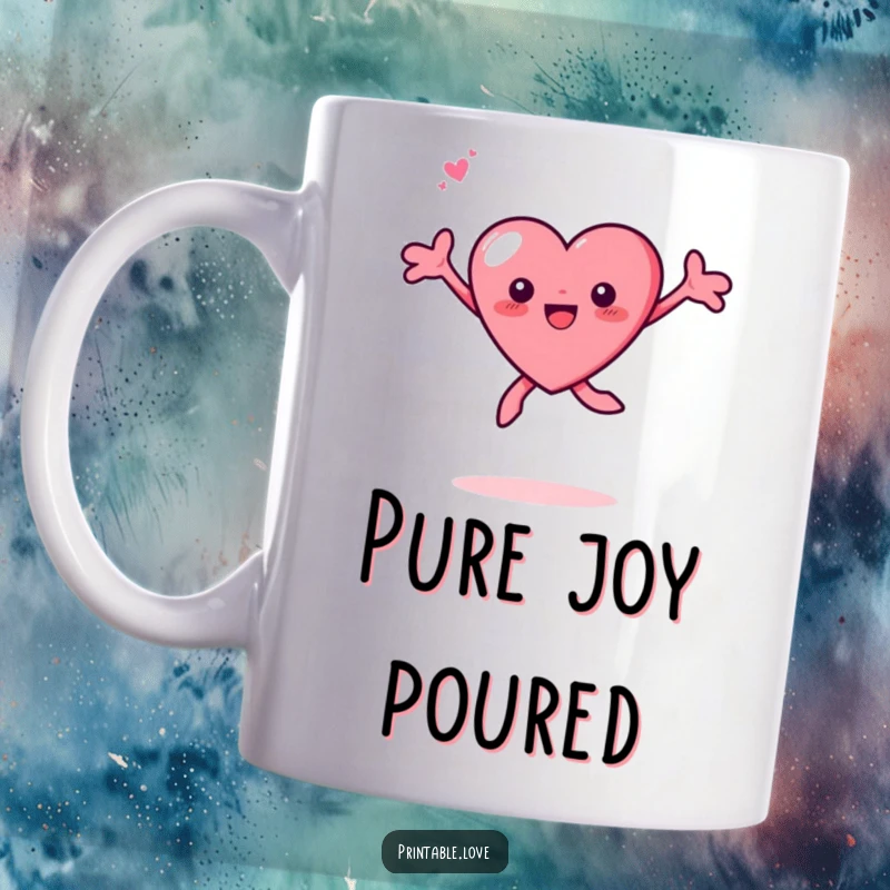 Funny Tiny Heart Leaping Mug: A small, cute heart character leaps joyfully with arms spread wide, spreading happiness.
