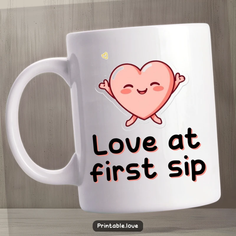 Funny tiny heart character with blushing cheeks joyfully jumping, depicted on a mug for a cheerful vibe.