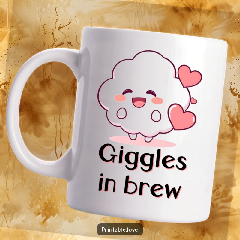 Funny Kawaii Cloud Mug: A cute, fluffy cloud character is shown laughing uncontrollably, with a small, smiling heart floating happily beside it.