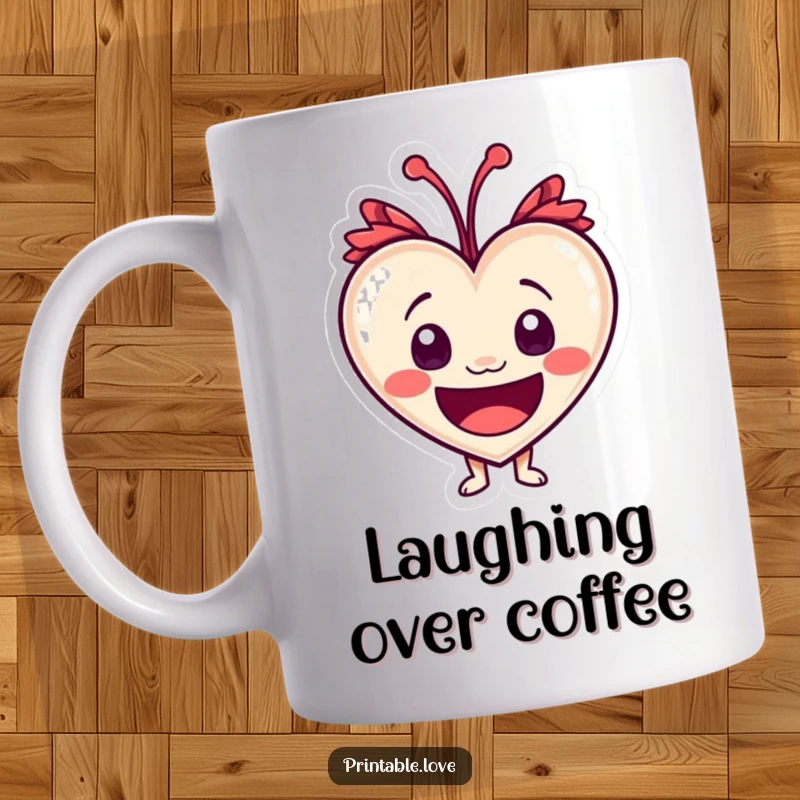 Funny heart character with wide, expressive eyes caught mid-burst of laughter on a humorous mug.
