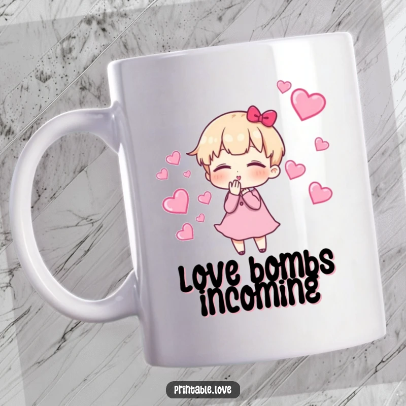 Funny Mug with a cute character blowing kisses, leaving a perfect trail of floating red hearts, expressing love and charm.