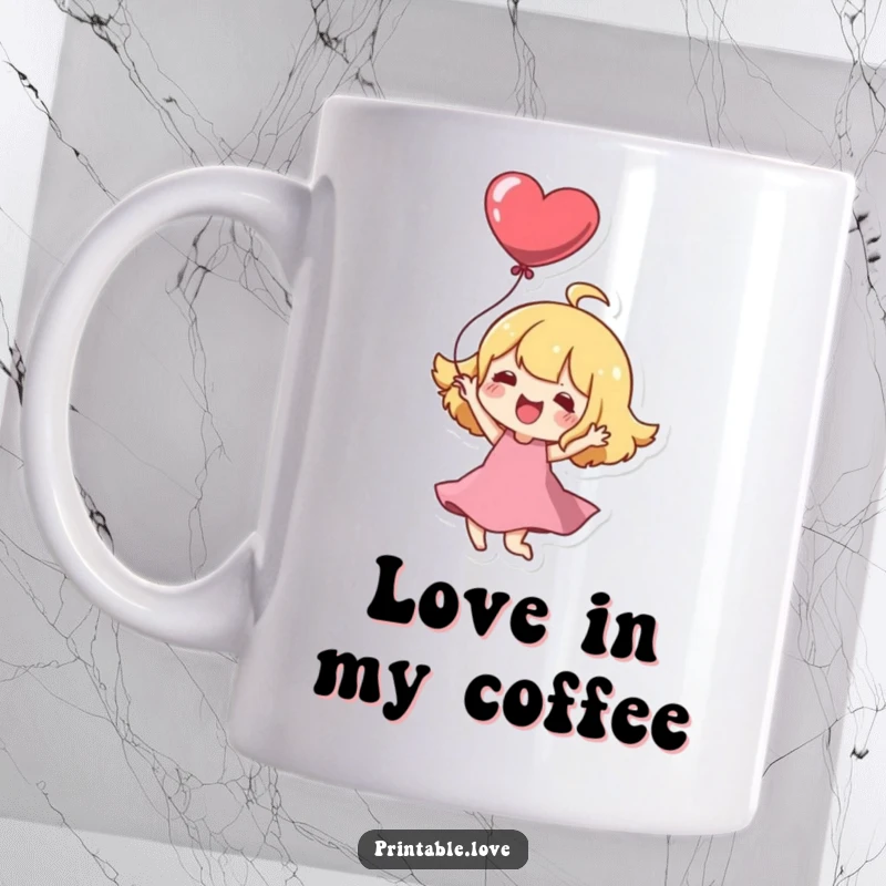 Funny Mug: A cute Kawaii character joyfully twirls with a single, bright heart balloon, radiating happiness.