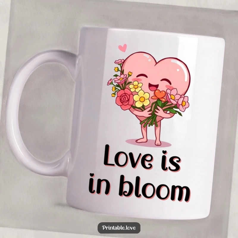 Funny Heart Mug featuring a giggling heart character joyfully holding a beautiful bouquet of flowers, symbolizing love and happiness.