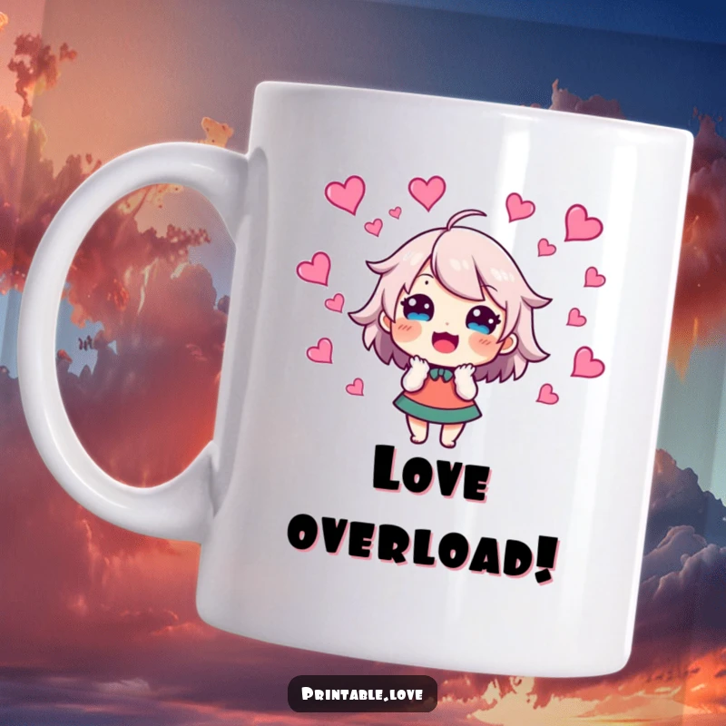 Funny Mug showcasing an energetic character with hearts swirling around their head, radiating pure excitement and joy.