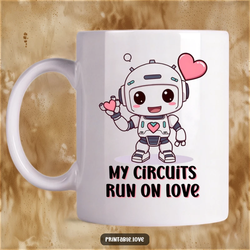 Funny Kawaii Robot Mug: A cute robot bows deeply, heart in hand, radiating adorable, exaggerated charm and humor.