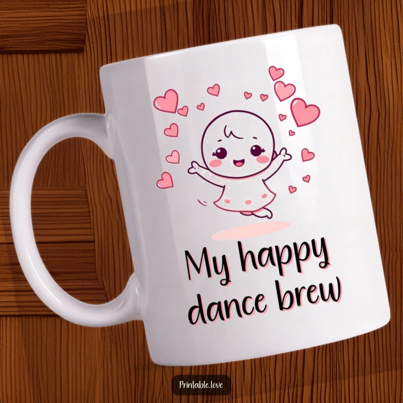 Funny mug displaying a kawaii character joyfully dancing with hearts swirling enthusiastically around it, radiating pure happiness.