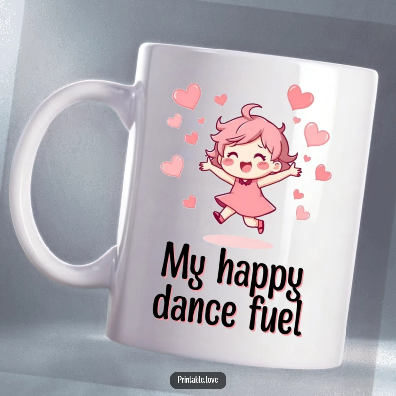 Funny Mug of a joyful character ecstatically dancing with abandon, surrounded by floating pink and red hearts, radiating pure happiness.