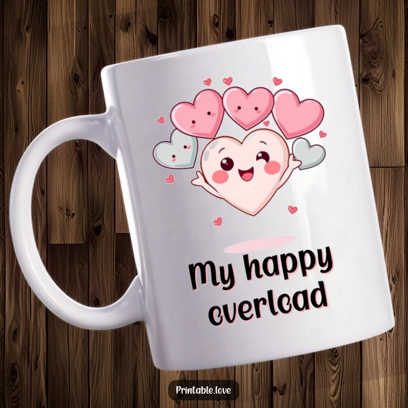Funny Kawaii Heart Mug: A cute heart character happily juggles several larger, smiling heart shapes, radiating pure joy and overflowing love.