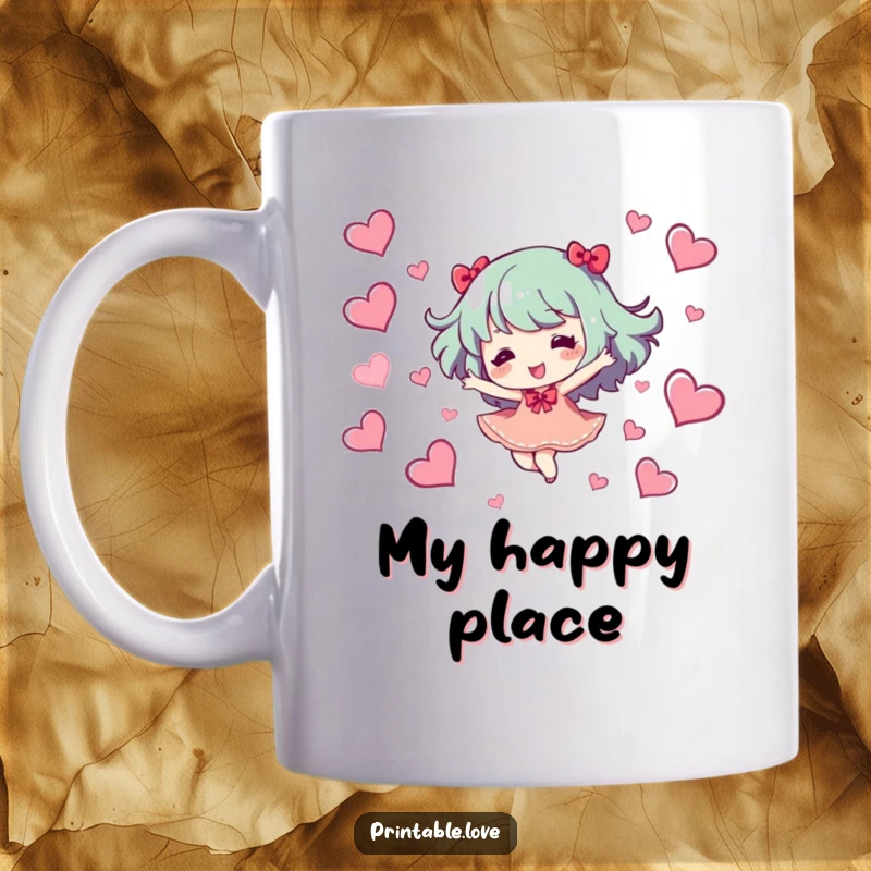 Funny Mug: A cheerful character floats surrounded by pink hearts, dancing with pure delight and joy, a perfect funny gift idea.