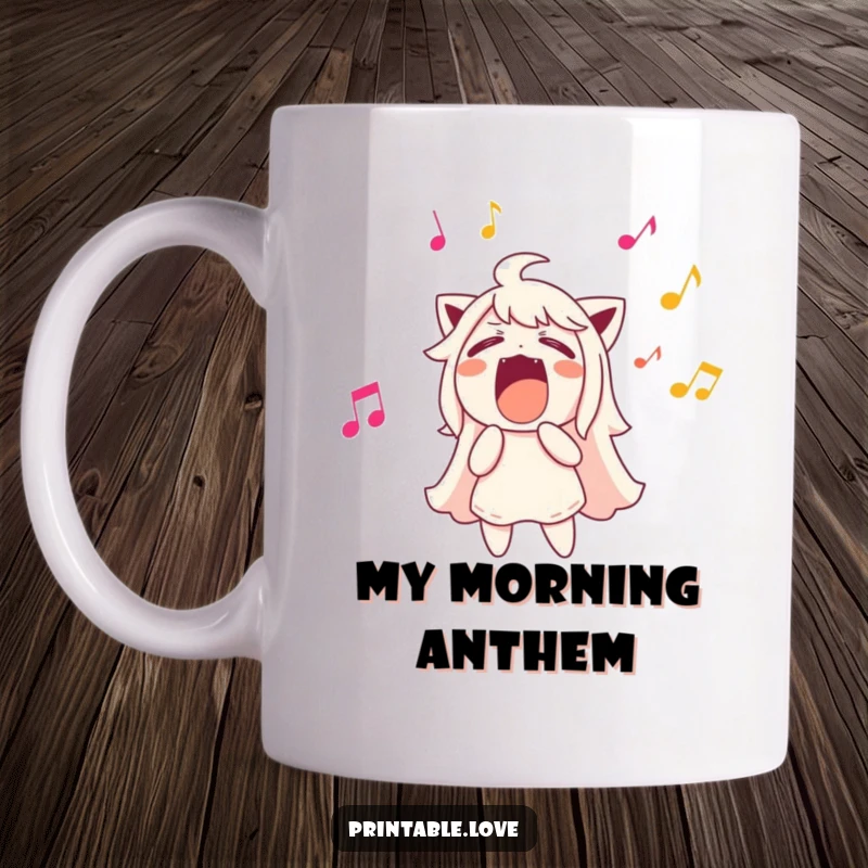 Funny character singing loudly, musical notes flying out joyfully, vibrant and humorous mug.