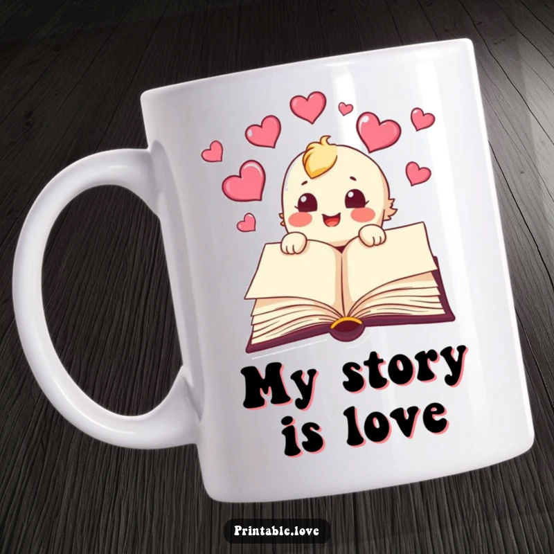 Funny book character mug, joyfully releasing hearts from its pages, symbolizing the love of reading and imagination.