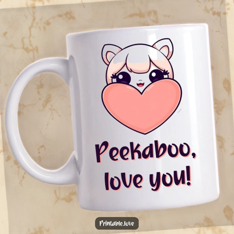 Funny mug with a kawaii character peeking playfully from behind a big red heart, showing a shy and endearing expression.