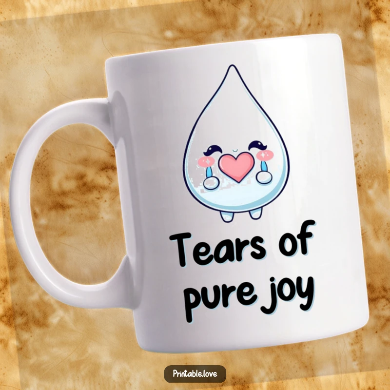 Funny Kawaii Teardrop Mug: A cute teardrop character cries happy, sparkly tears that form a heart, perfect for enjoying beverages.