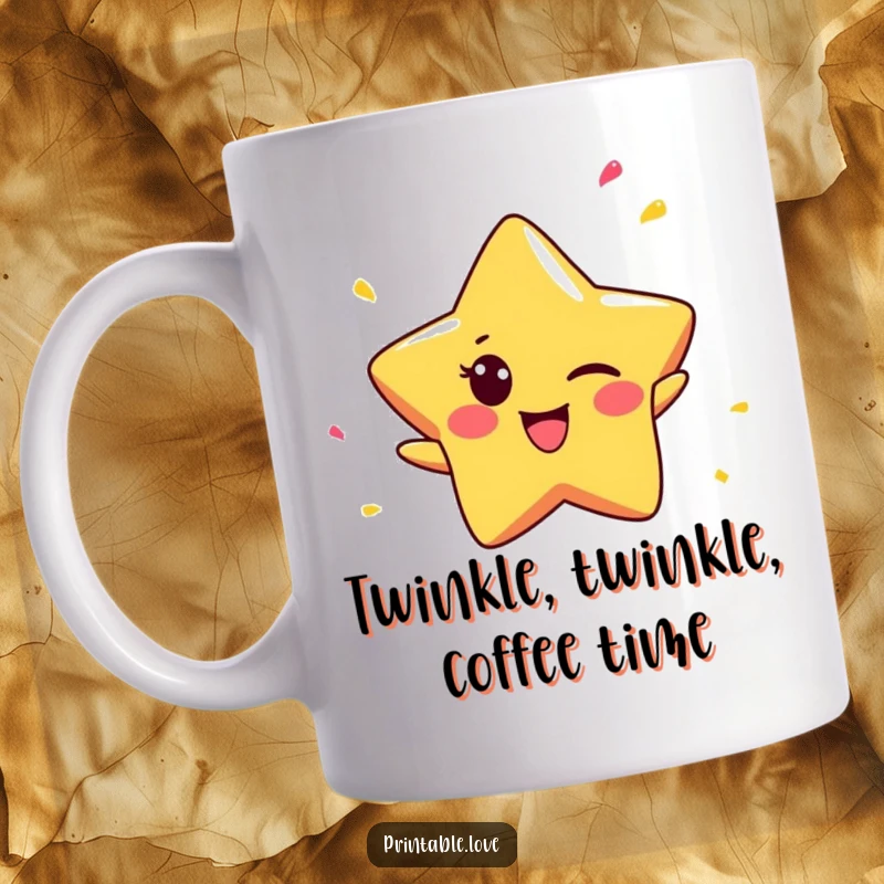 Funny Star Mug: A tiny winking star character cheerfully throws confetti, radiating pure, mischievous joy and fun.
