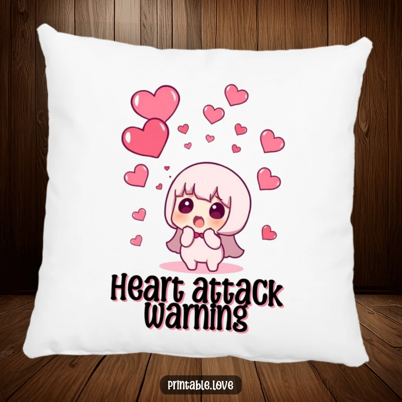 Funny pillow design of a character looking utterly surprised by a sky raining red hearts, soft and humorous decor.