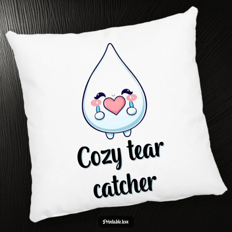 Funny Kawaii Teardrop Pillow: A soft, plush pillow featuring a teardrop character crying happy, sparkly tears that form a heart.