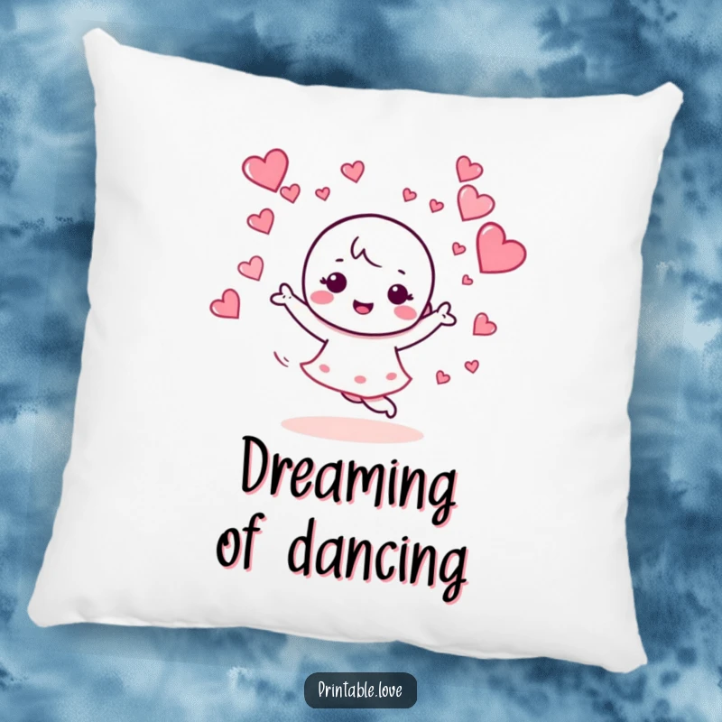 Funny pillow featuring a happy kawaii character dancing with hearts swirling enthusiastically, adding a touch of comfort and joy.