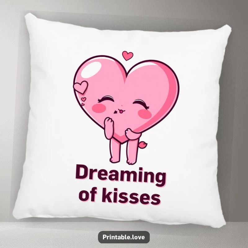 Funny heart character blowing a kiss with a dreamy expression on a soft pillow, perfect for romantic comfort.