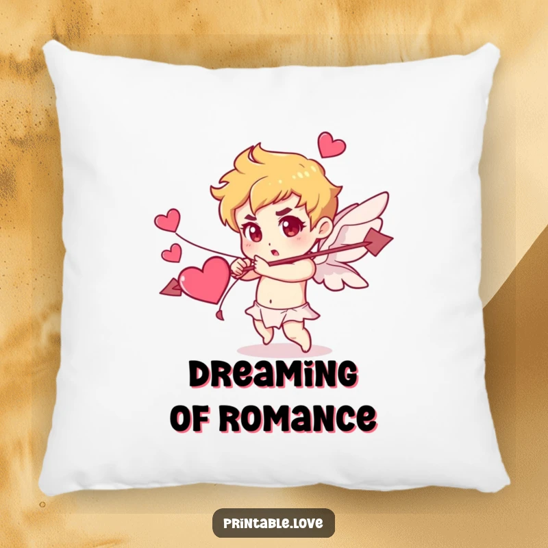Funny Cupid pillow with a character determinedly shooting an arrow made of hearts, offering soft comfort and romantic humor.
