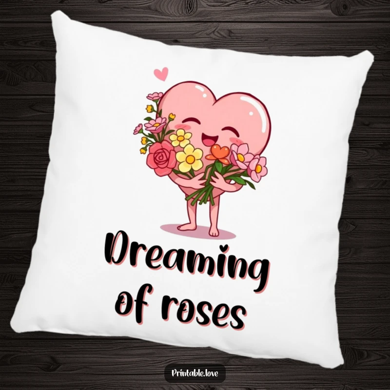 Funny Heart Pillow featuring a giggling heart character holding a bouquet of flowers, providing soft comfort and radiating love and joy.