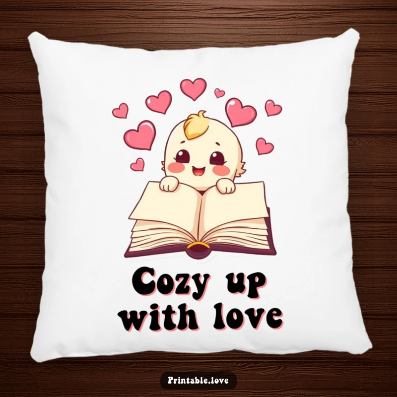 Funny book pillow with a character joyfully releasing hearts from its pages, offering soft comfort and literary humor.