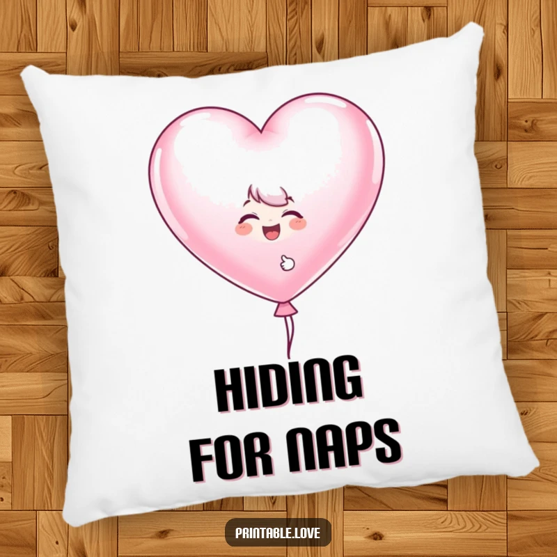 Funny giggling character pillow with a playful peek from behind a large, heart-shaped balloon, offering soft, joyful comfort.