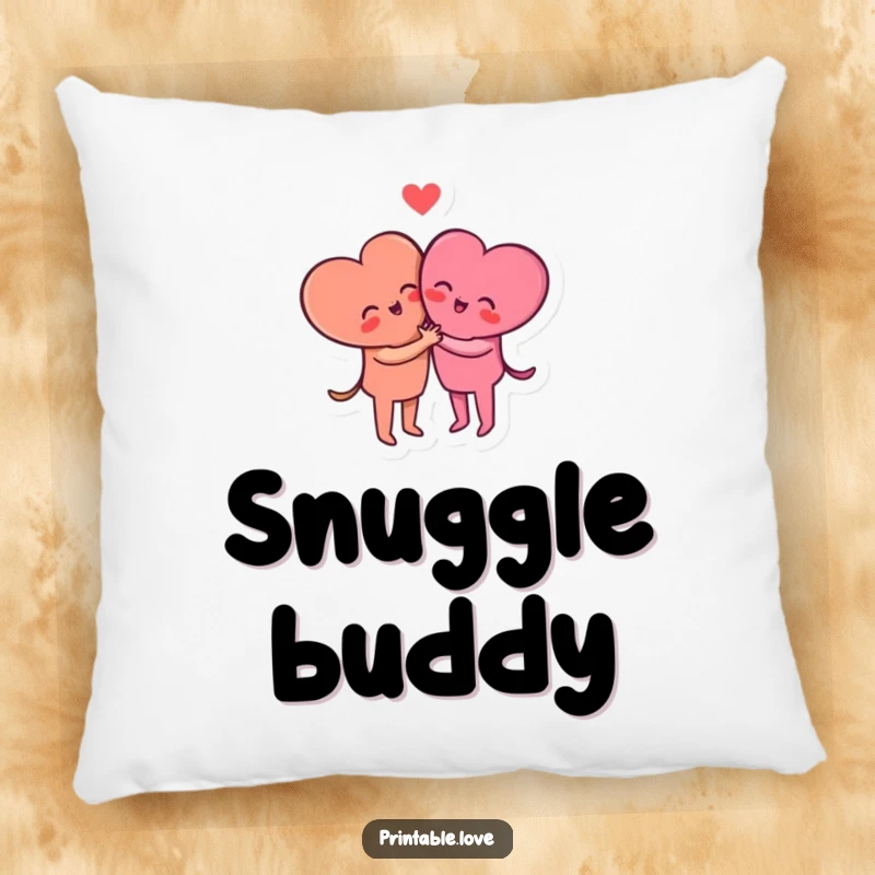 Funny small heart characters locked in a loving hug, featured on a soft, decorative pillow.