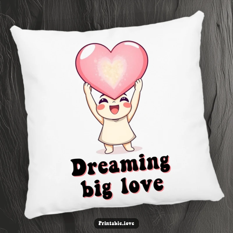 Funny joyful character pillow, a happy figure holding a giant sparkling heart, soft and funny gift.