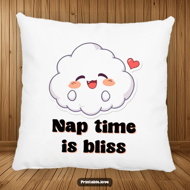 Funny Kawaii Cloud Pillow: A soft, plush pillow featuring a giggling kawaii cloud character, with a heart nearby, offering comfort and joy.