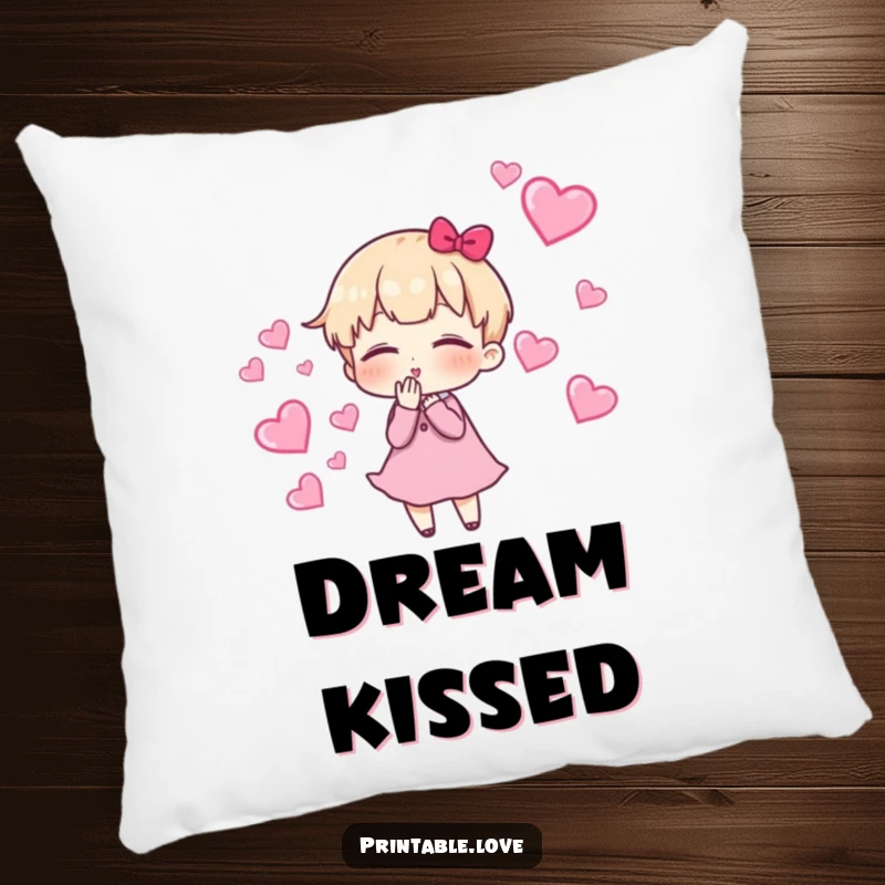 Funny Pillow featuring a lovable character blowing kisses, with a soft trail of hearts, offering comfort and a touch of romance.